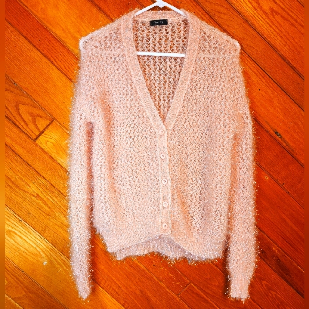 Verty Boutique pink eyelash tinsel cardigan size small medium